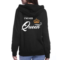 a woman wearing a black hoodie that says i'm his queen