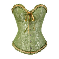 a green brocaded corset with gold trimmings