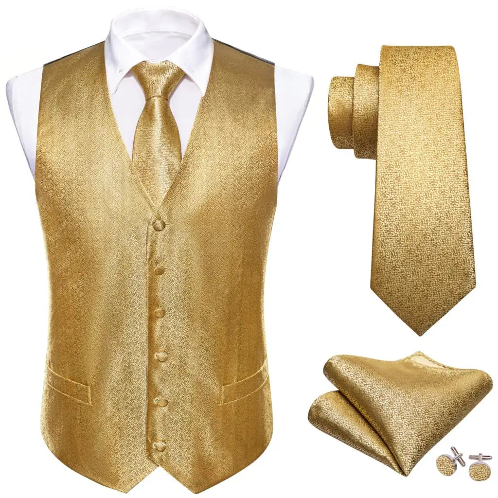 a gold vest, tie, and cufflinks with a white shirt
