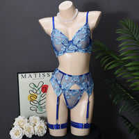 Premium Floral Lace 5-Piece Lingerie Set in blue, featuring luxurious embroidery and elegant design.