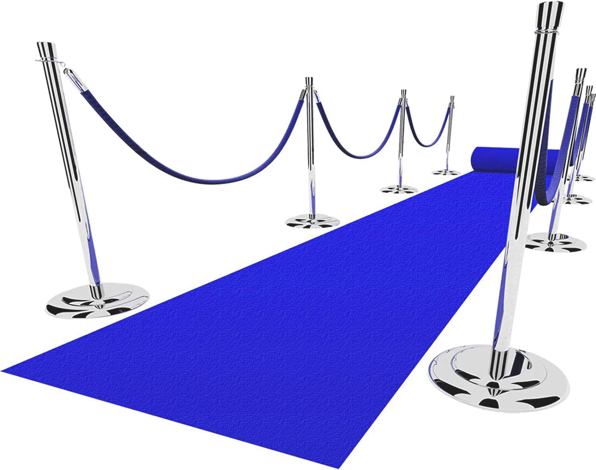 a blue carpet with a rope and poles on it