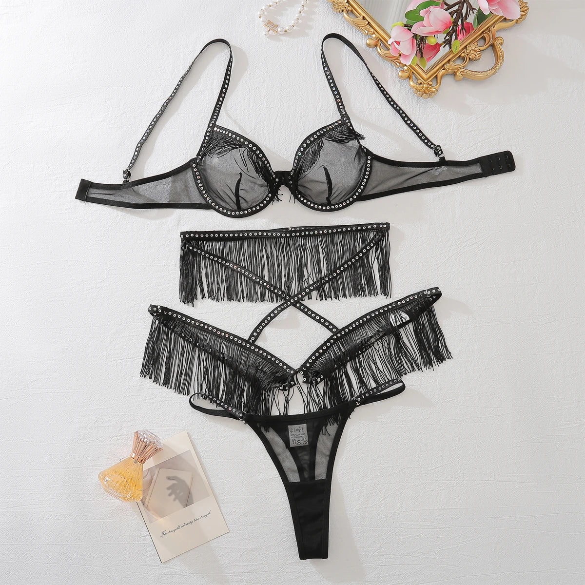 Ultra Sexy Tassel Lingerie Set featuring black mesh and tassel design, ideal for all sizes, available in NZ.