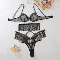 Ultra Sexy Tassel Lingerie Set featuring black mesh and tassel design, ideal for all sizes, available in NZ.