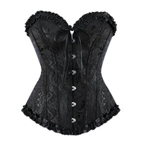 a woman wearing a black corset with ruffles