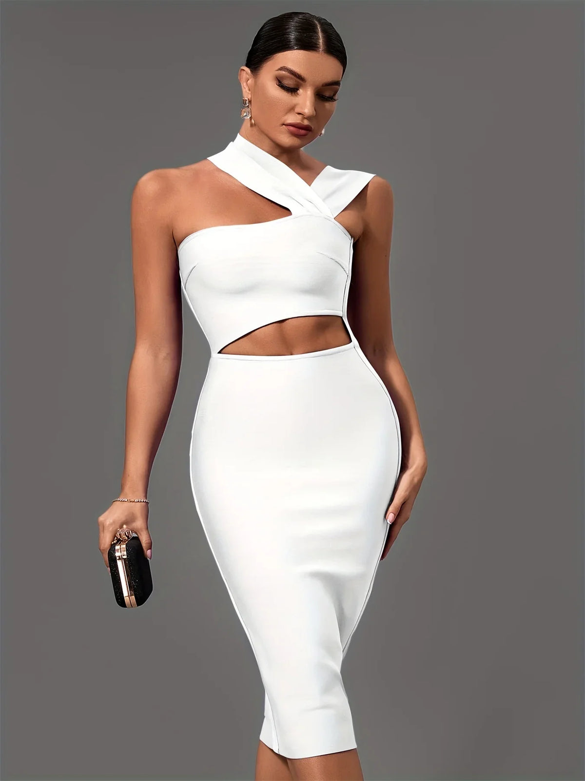 Elegant White Halter Neck Bandage Midi Party Dress Luxurious Weddings