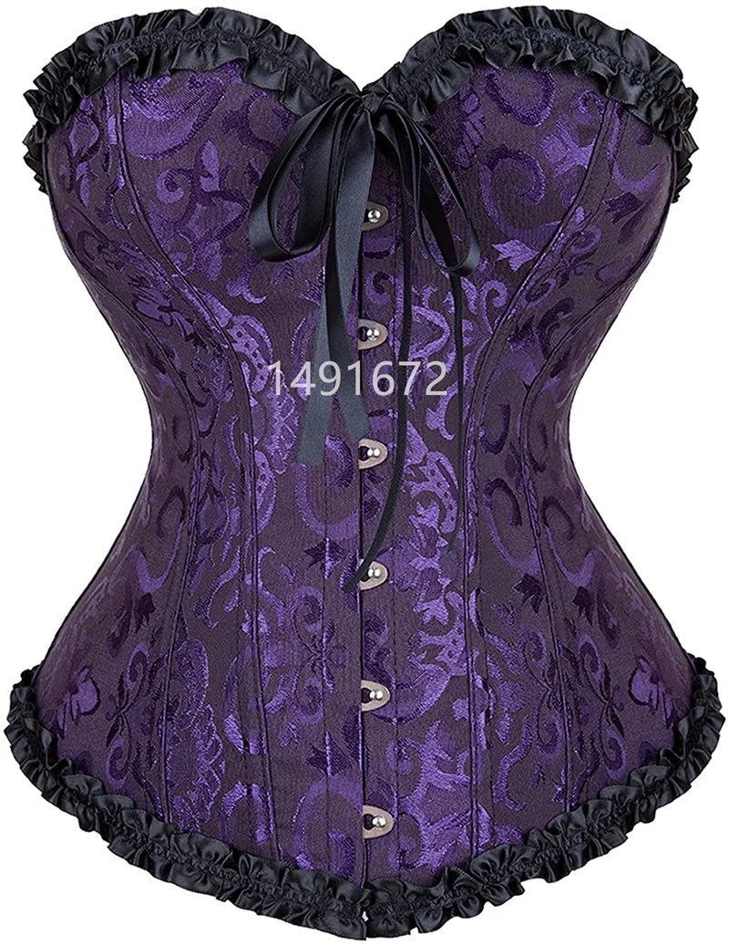 a purple corset with black ruffled trim