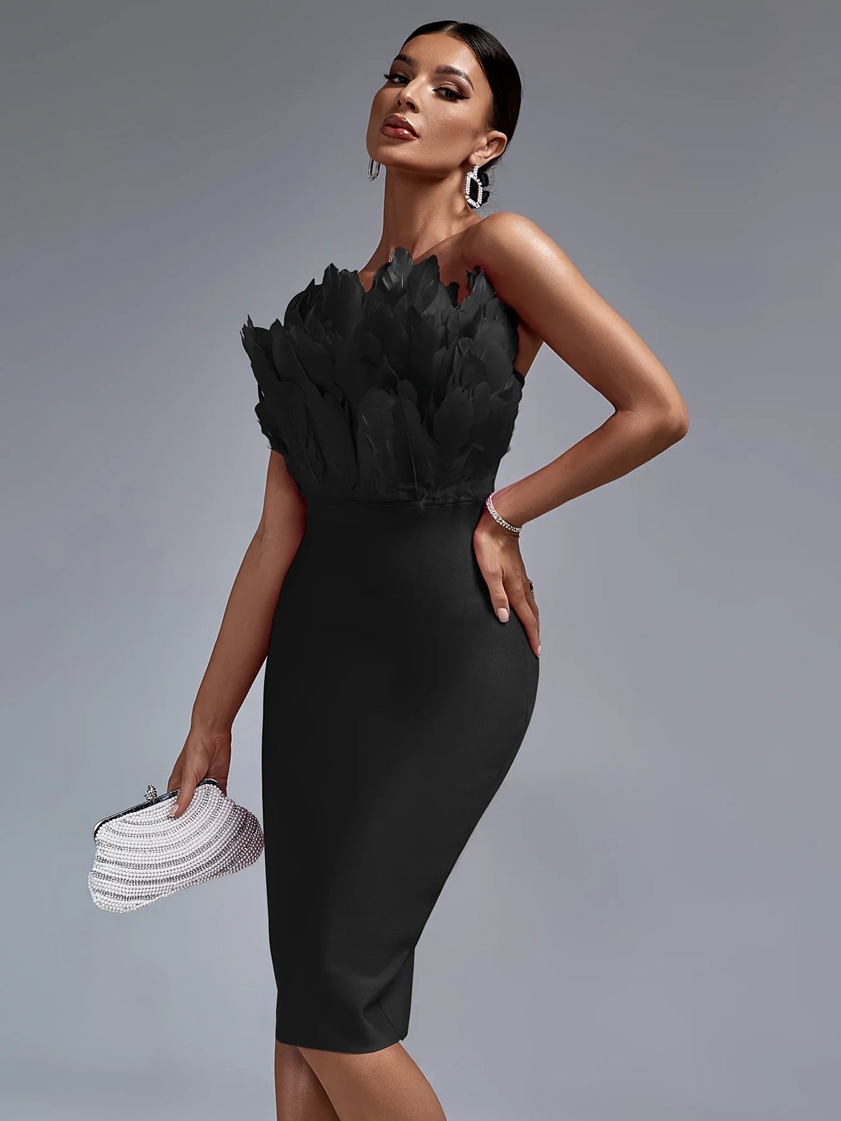 Sexy Black Bandage Party Dress with Feather Detail Luxurious Weddings