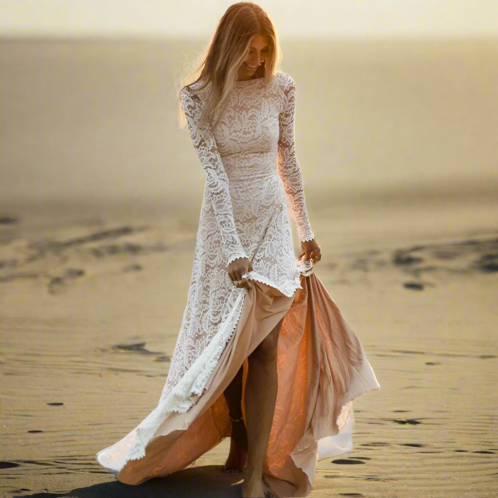 O Neck Lace Long Sleeve Boho Wedding Dress Wedding Dress Luxurious Weddings