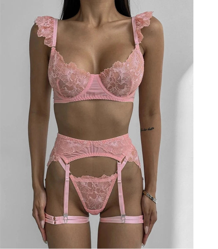 Pink lace bra and garter set for women, featuring embroidery lace and ruffle straps, perfect for affordable lingerie in NZ.