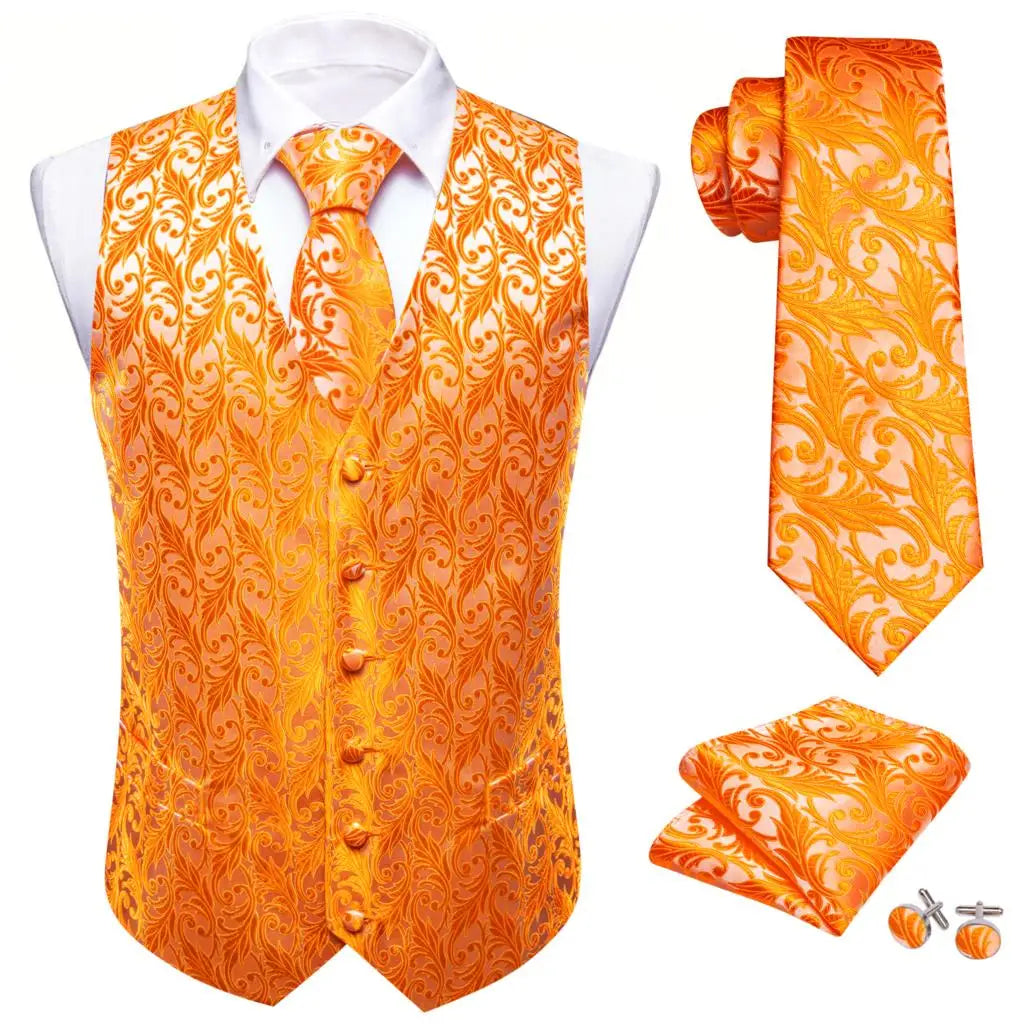 an orange vest, tie, and matching cufflinks