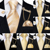 a collage of a man in a suit with a gold tie and a gold