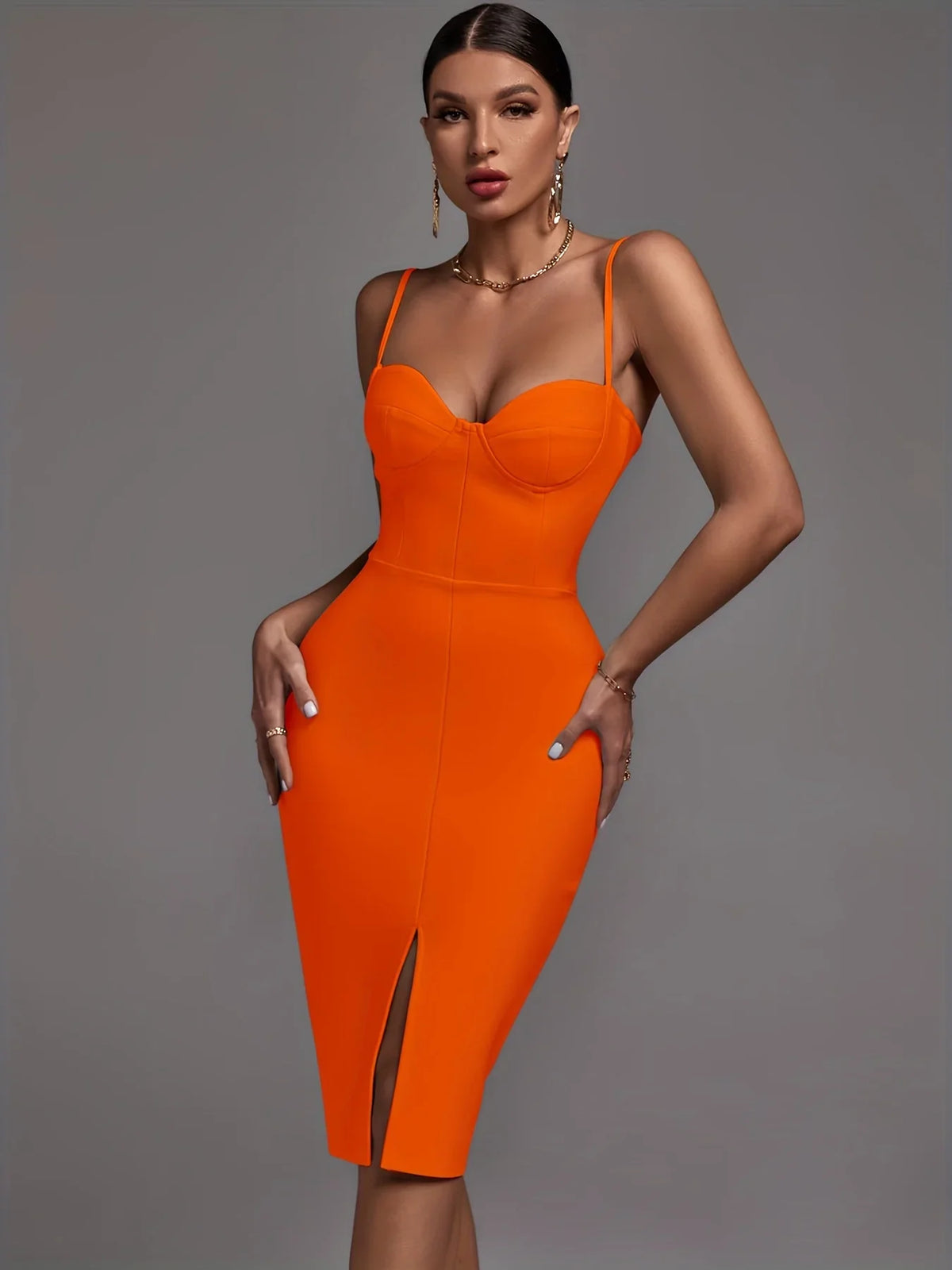 Sexy Orange Bandage Dress Bodycon Spaghetti Strap Party Club Outfits Dresses Luxurious Weddings