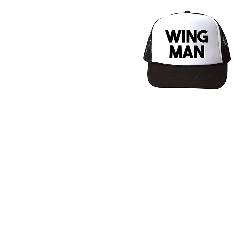 a black and white hat with the words wing man on it