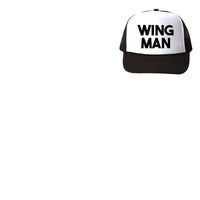 a black and white hat with the words wing man on it