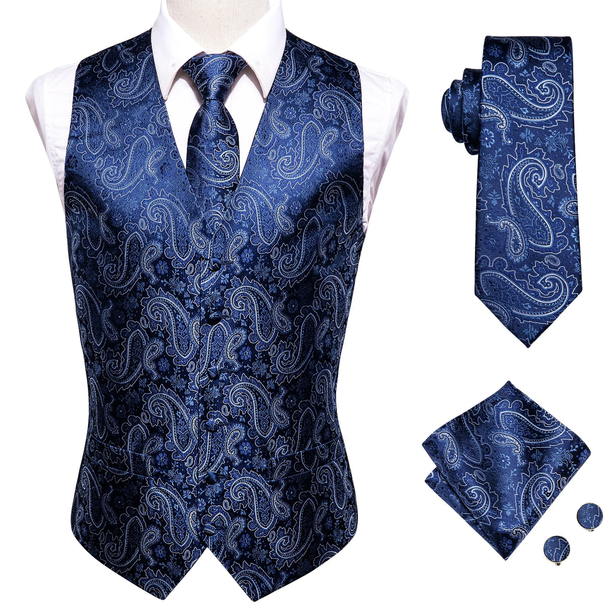 Elegant Black Silk Waistcoat & Tie Set Blue/Black Waistcoats Luxurious Weddings