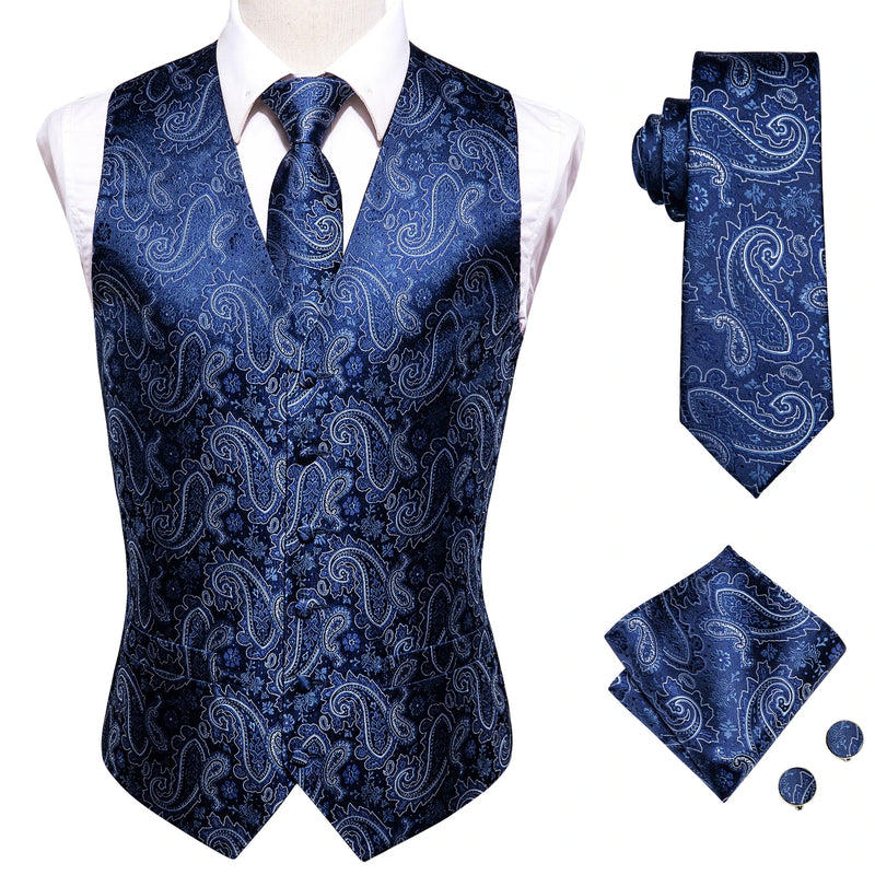 Elegant Black Silk Waistcoat & Tie Set Blue/Black Waistcoats Luxurious Weddings