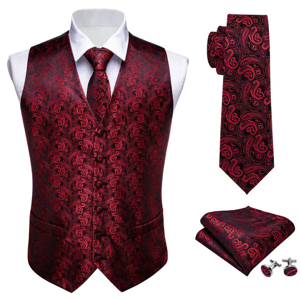 a red tie and matching vest with matching cufflinks