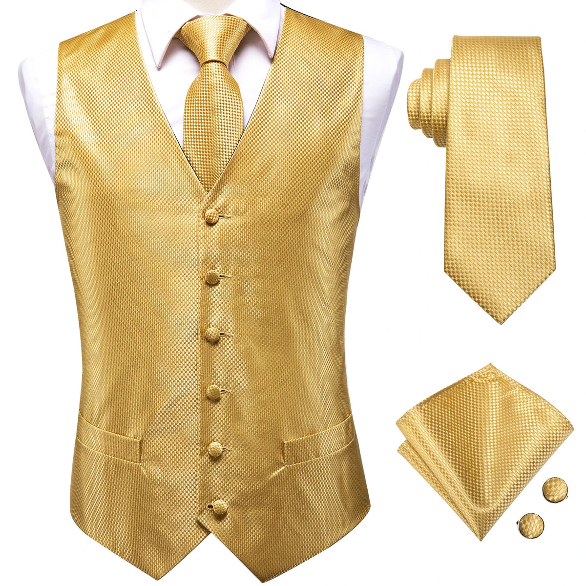 Men's Elegant Gold Silk Paisley Waistcoat & Tie Set Waistcoats Luxurious Weddings