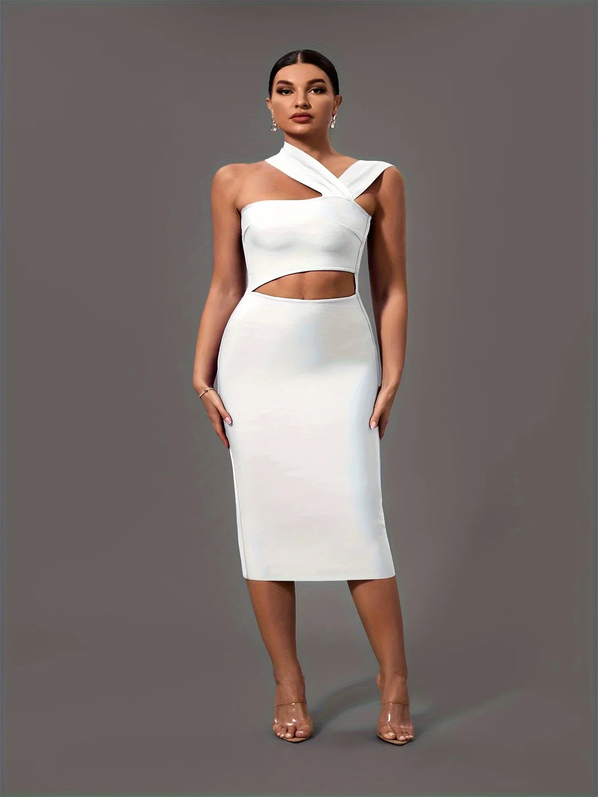 Elegant White Halter Neck Bandage Midi Party Dress Luxurious Weddings