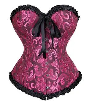 a pink and black corset with a black bow