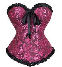 a pink and black corset with a black bow