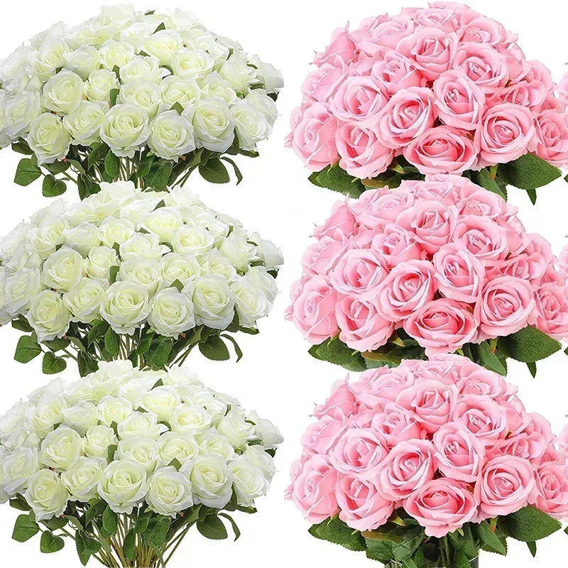 a bunch of pink and white roses on a white background