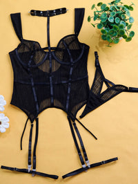 Exquisite black lingerie corset set with adjustable straps and chic choker for a seductive silhouette.