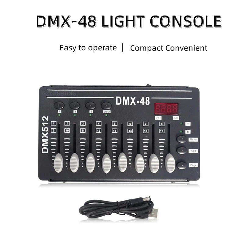 the dmx - 48 light console is shown with a charger