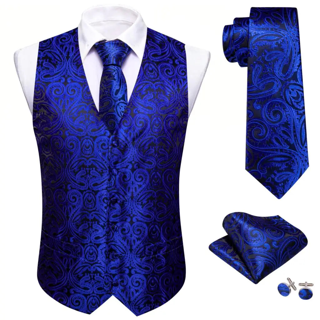 a blue vest and tie with matching cufflinks