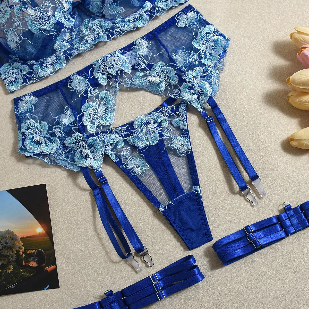 Premium Floral Lace 5-Piece Lingerie Set in blue with luxurious embroidery, designed for comfort and allure.