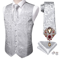 a silver vest and tie with a white shirt