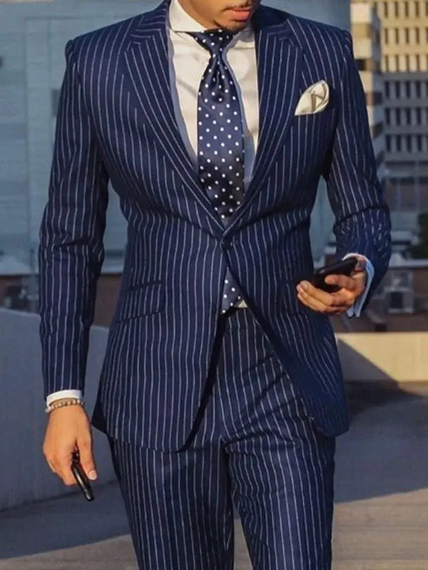 Navy Blue Black Striped Men's Slim Fit Suit - Wedding Tuxedo Suits Luxurious Weddings