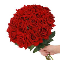 a person holding a bouquet of red roses