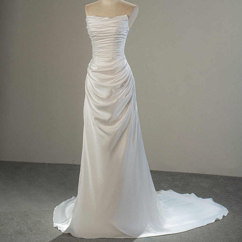 Elegant Satin Ruched Slim Mermaid Wedding Dress Luxurious Weddings