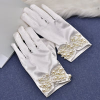 Elegant White Satin Wedding Bride Gloves with Pearls bridal gloves Luxurious Weddings