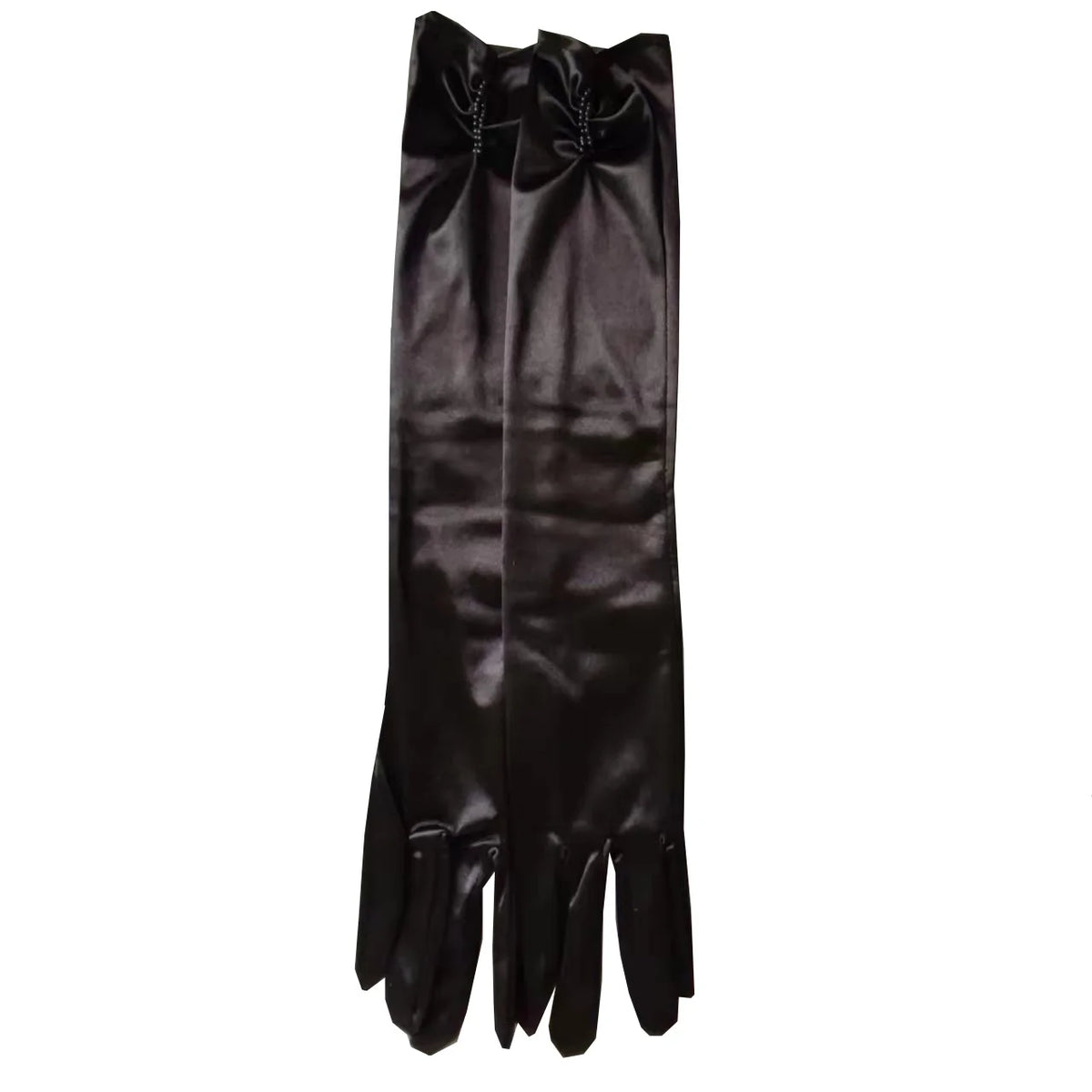 a pair of black leather gloves on a white background