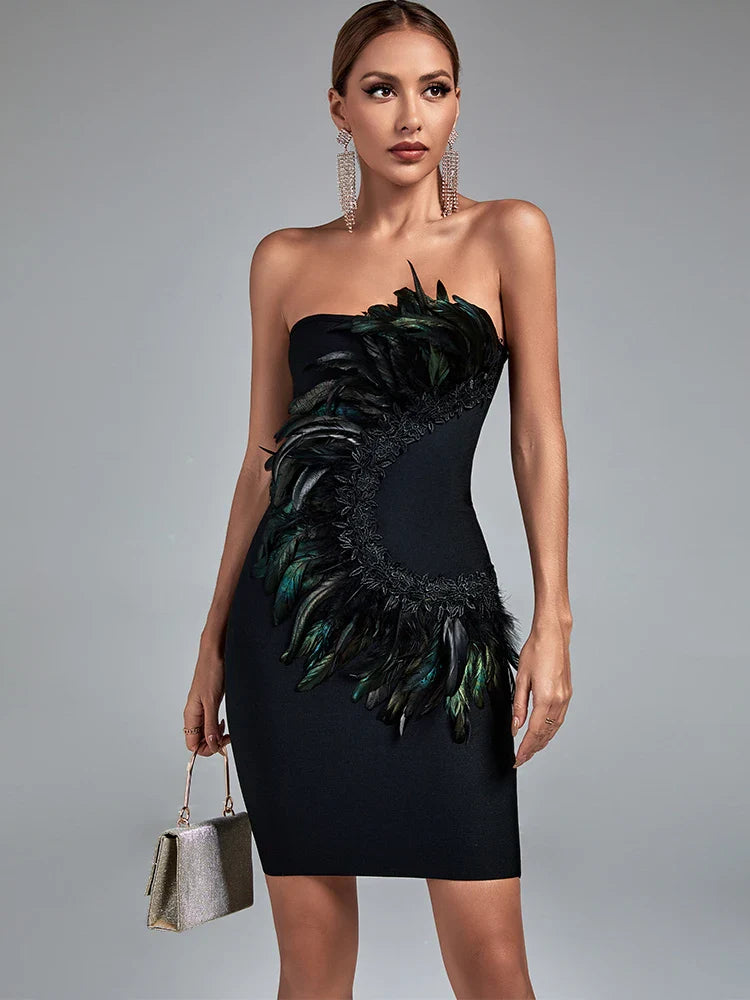 Green Lace Feather Bandage Dress Luxurious Weddings