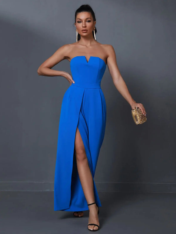 Womens Wide Leg Elegant Blue Jumpsuit - Luxurious Weddings