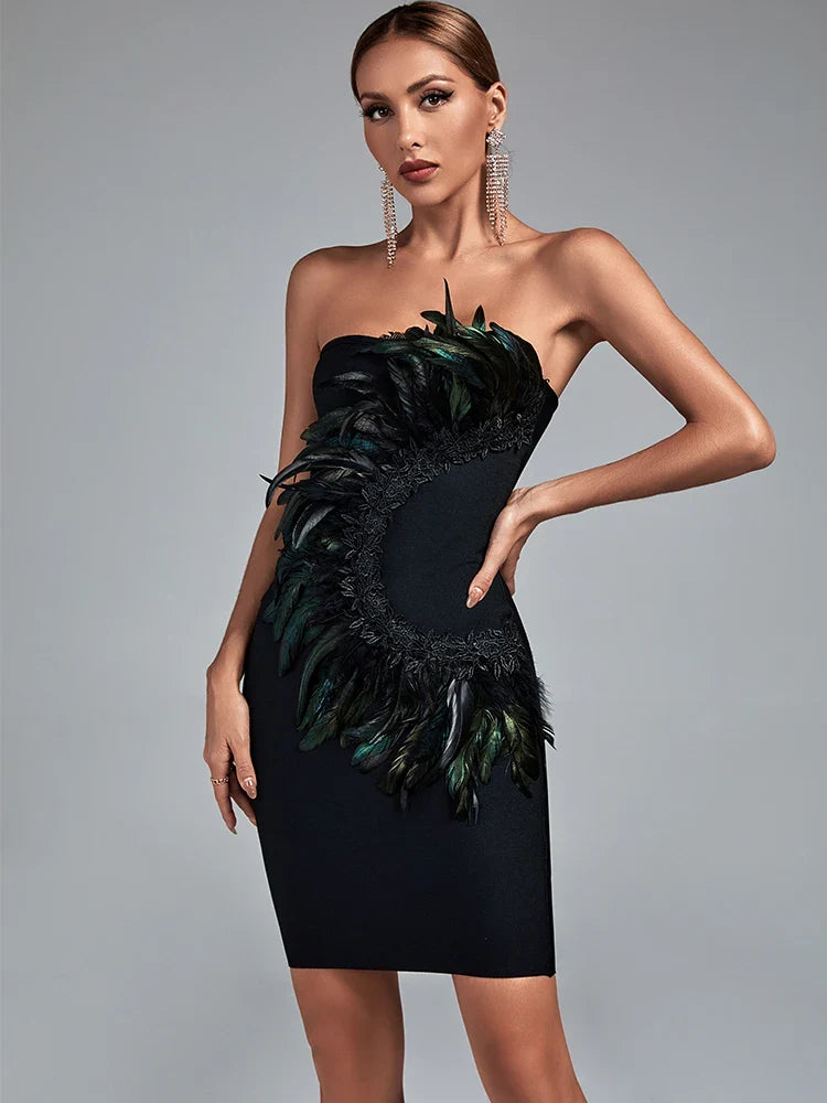 Green Lace Feather Bandage Dress Luxurious Weddings