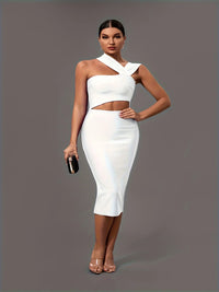 Elegant White Halter Neck Bandage Midi Party Dress Luxurious Weddings