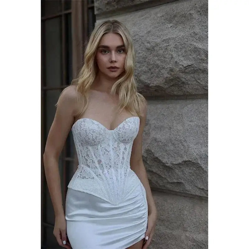 Model wearing a White Lace Steel Bone Corset V-Neck Bustier, showcasing elegance and sophistication for formal wear in NZ.