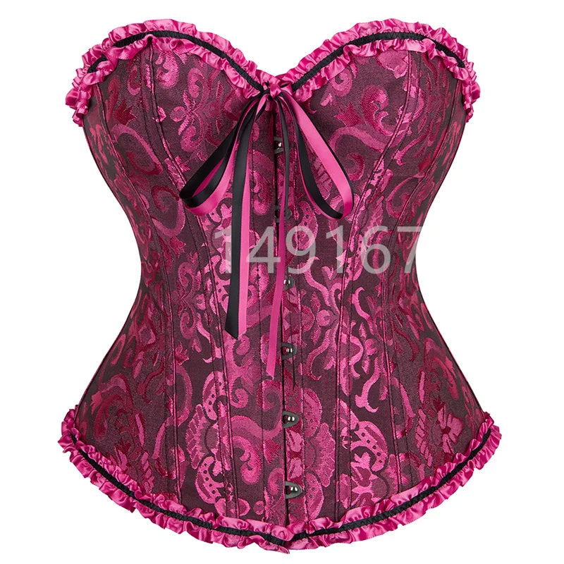 a pink corset with a black bow tie