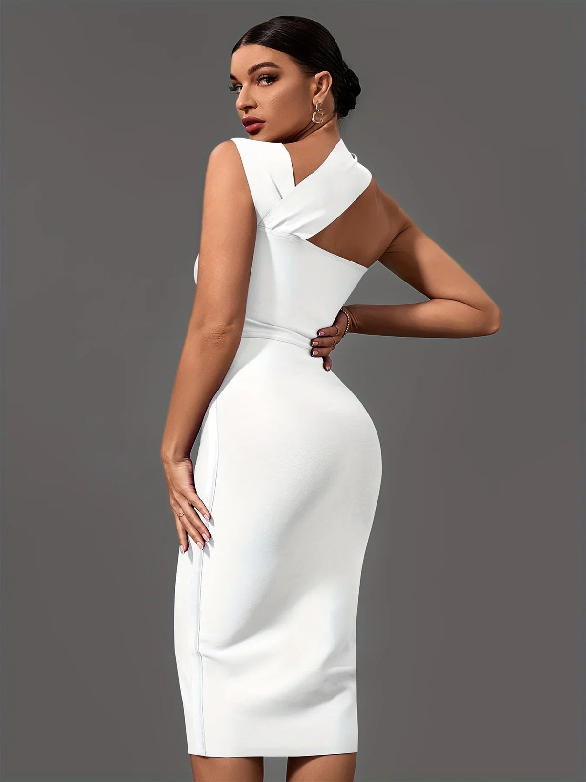 Elegant White Halter Neck Bandage Midi Party Dress Luxurious Weddings