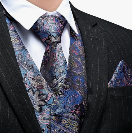 Elegant Paisley Silk Waistcoat & Tie Set - Blue/Silver Waistcoats Luxurious Weddings