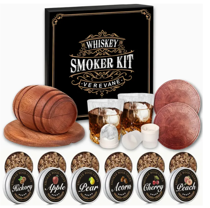 Whiskey Smokers Kit with wood chips, glasses, ice molds, and coasters for crafting rich cocktail flavors.