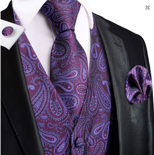 Purple paisley silk waistcoat paired with a matching tie and pocket square, perfect for formal occasions.