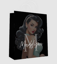 Custom paper gift bag featuring a stylish design with the name Maddison and a vintage-inspired illustration.