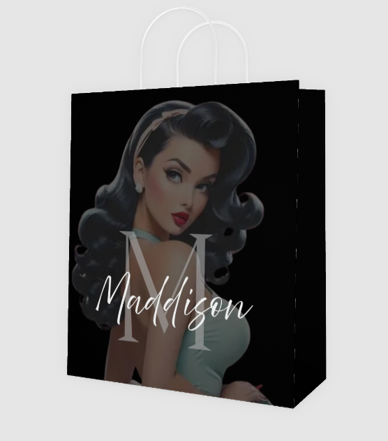Custom gift bag featuring a vintage woman illustration and the name Maddison for elegant presentations.