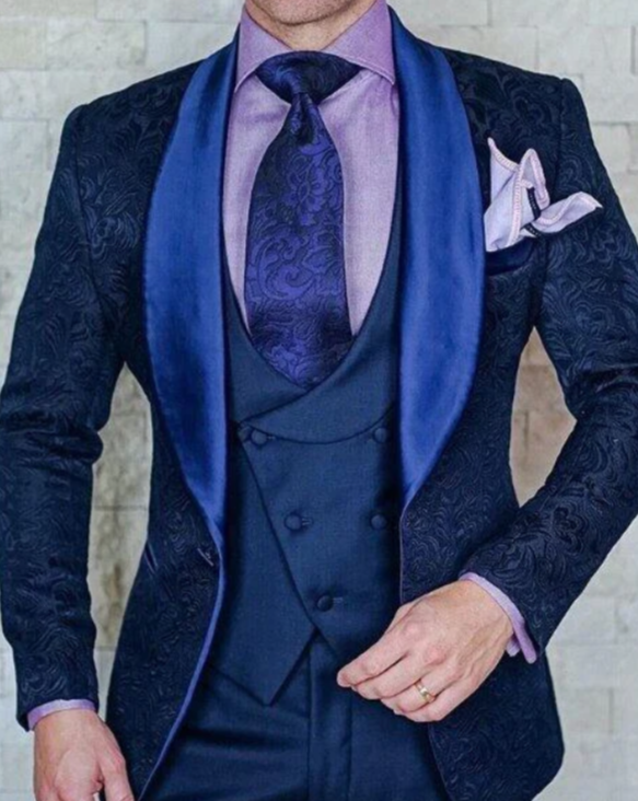 Men's Jacquard Paisley Tuxedo in blue with stylish details and accessories.