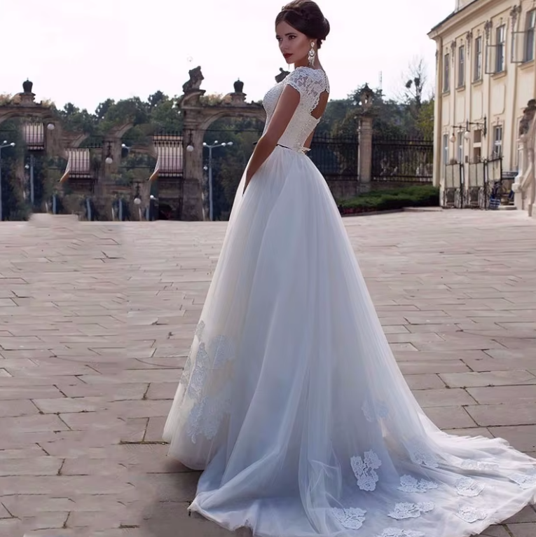 Capped Sleeve Long Train Elegant Bridal Gown A line Dress Luxurious Weddings